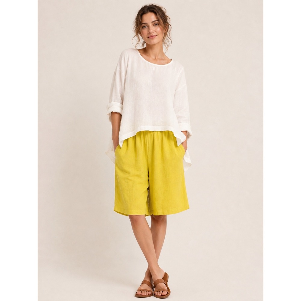 Flax Womens Linen Shorts Large Yellow Elastic Waist Bermuda Relaxed Coastal Boho
